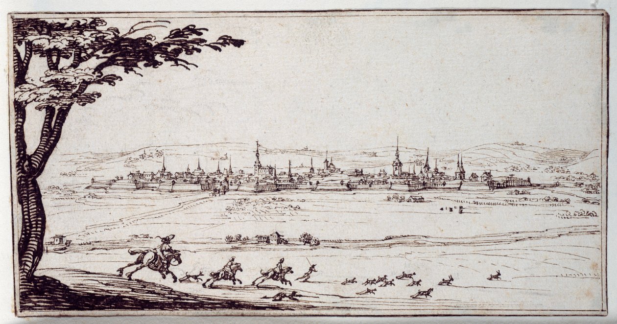 Nancy au loin : chasseurs poursuivant un lièvre - Jacques Callot