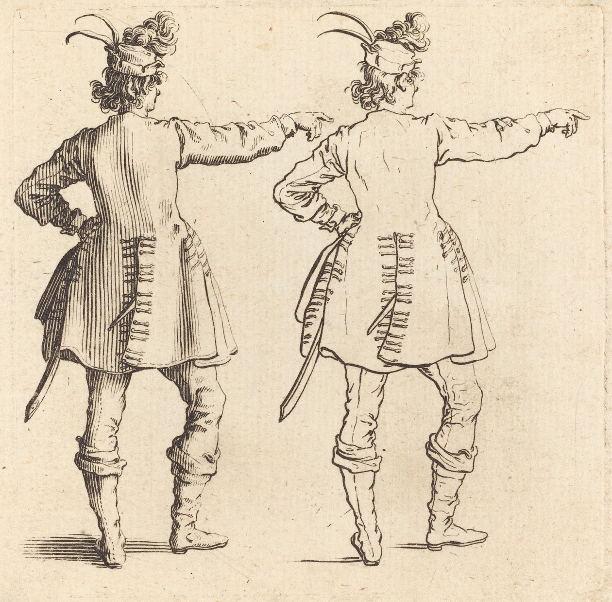 Officier avec des plumes dans le chapeau, vu de dos - Jacques Callot