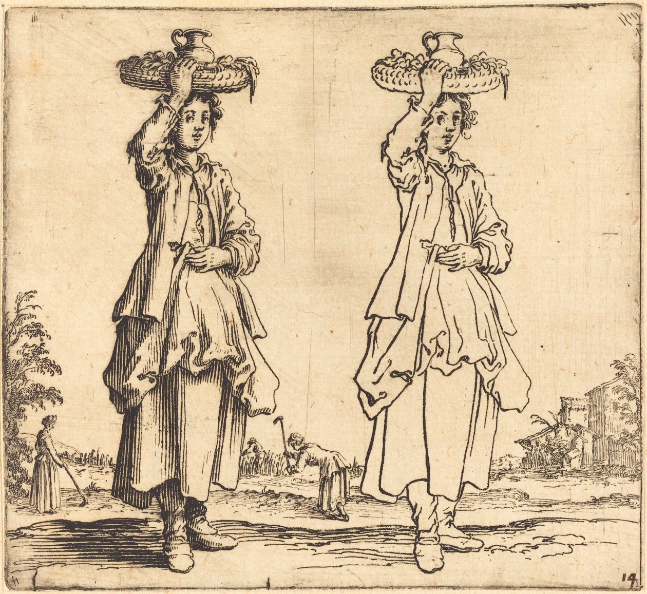Paysanne avec panier sur la tête, vue de face - Jacques Callot