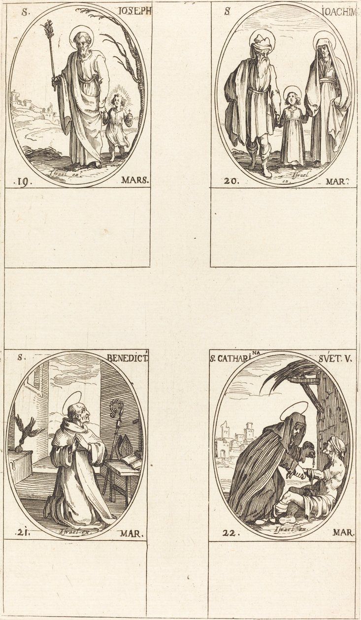 Saint Joseph; Saint Joachim; Saint Benoît, abbé; Sainte Catherine de Suède - Jacques Callot
