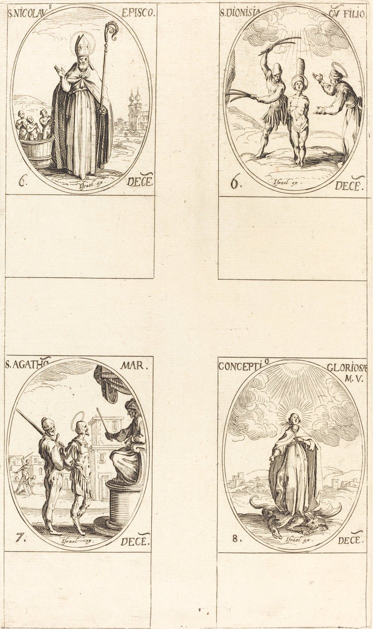 Saint Nicolas; Sainte Dionisie et son fils; Sainte Agathe; Conception de la Vierge - Jacques Callot