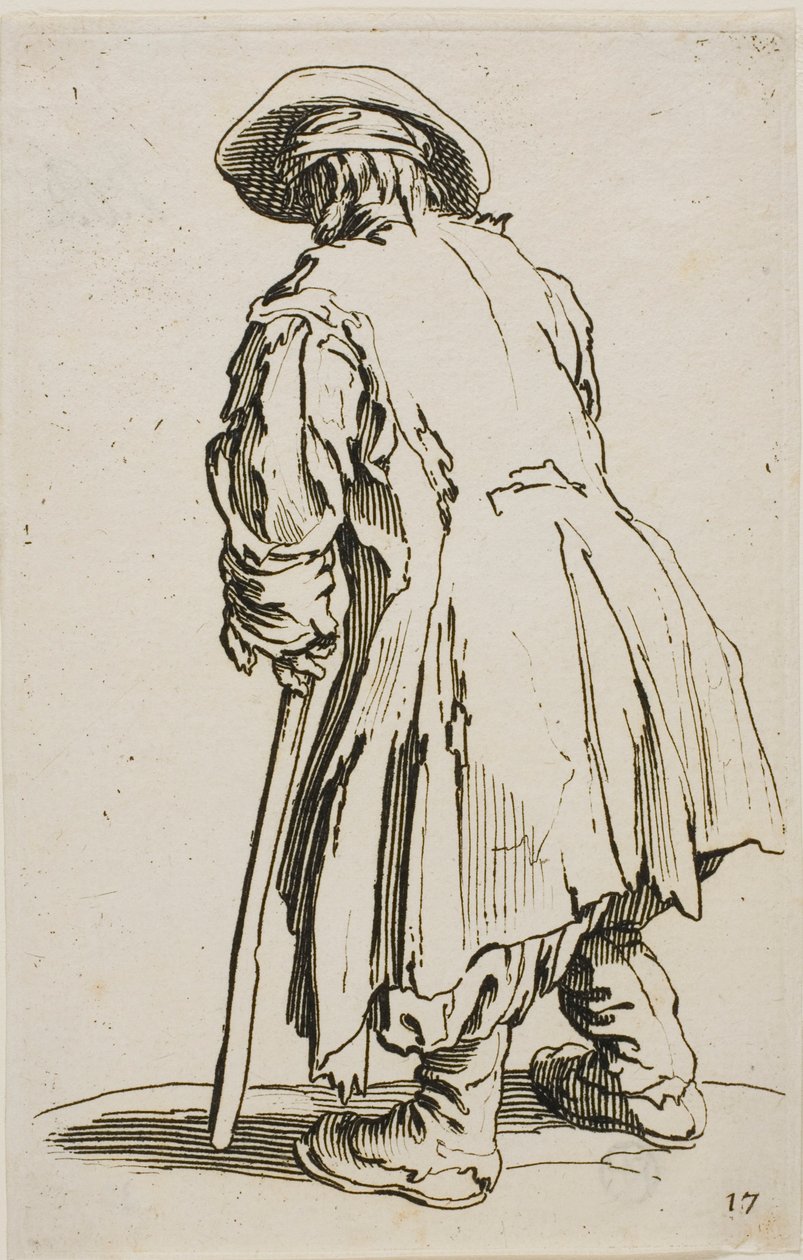 Le vieux mendiant appuyé sur sa béquille, planche dix-sept des Mendiants - Jacques Callot