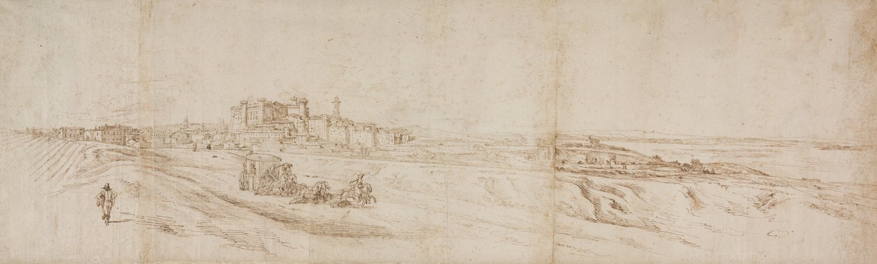 Vue du Castello Bracciano, près de Rome avec carrosse et personnages - Jacques Callot