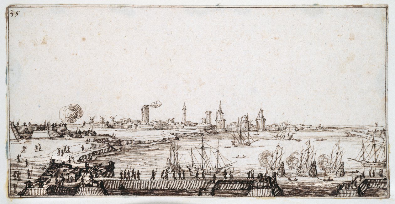 Vue du port de La Rochelle avec des galions tirant une salve - Jacques Callot