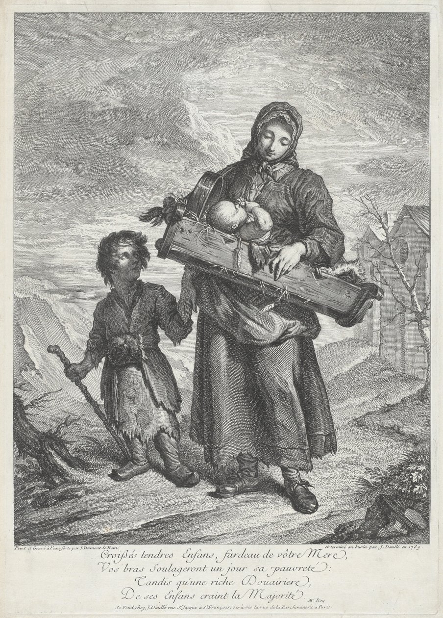 Une jeune mère portant un berceau - Jacques Dumont Le Romain, finished by Jean Daullé