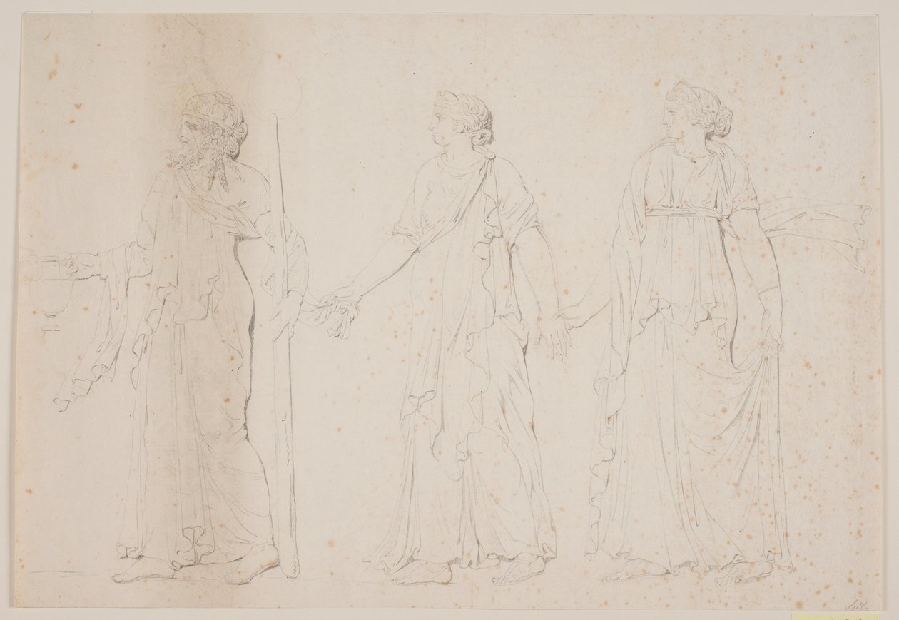 Offrande (?) Trois figures marchant en vêtements grecs. Devant, un homme portant une amphore et un bâton ou une torche, suivi de deux femmes - Jacques Francois Joseph Saly