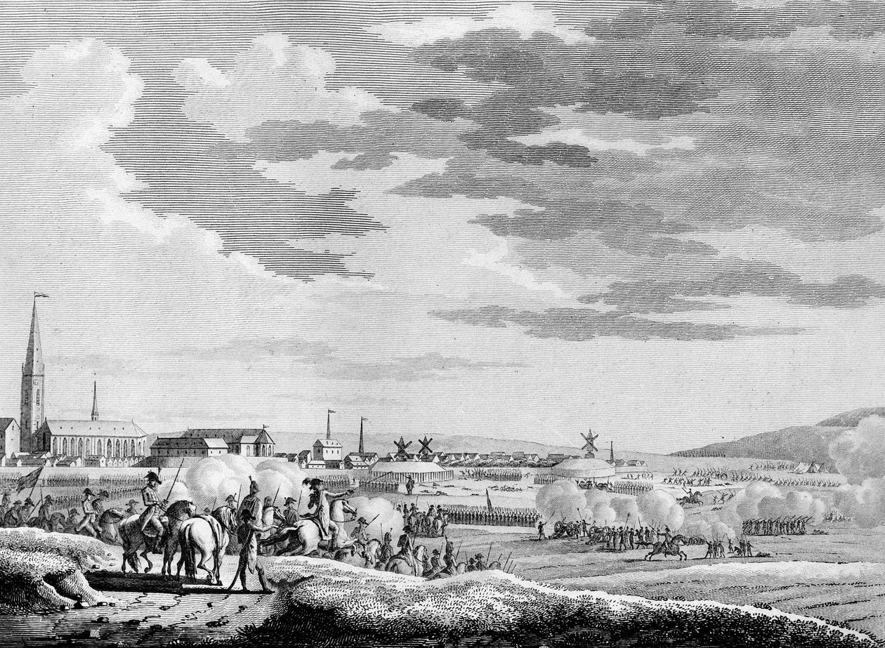 Guerre de la Révolution française et mouvements anti-révolutionnaires : Victoire française de la bataille de Hondschoote près de Dunkerque contre les troupes anti-révolutionnaires britanniques et autrichiennes en 1793. Gravure de Berthaut d