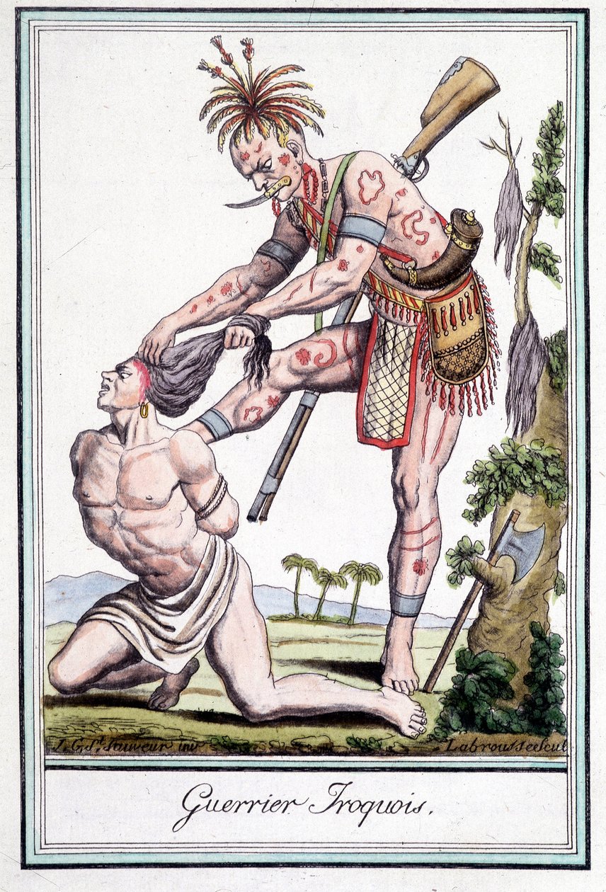 Guerrier iroquois scalpant son ennemi - dans « Encyclopédie des voyages » par Grasset St Sauveur, Paris - Jacques Grasset de Saint Sauveur