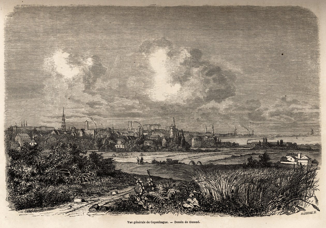 Vue générale de Copenhague, dessin de Jacques Guiaud (1810-1876), pour illustrer le voyage de J.M. Dargaud au Danemark (1800-1860), en 1860. Gravure dans "Le tour du monde", édité par Edouard Charton - Jacques Guiaud