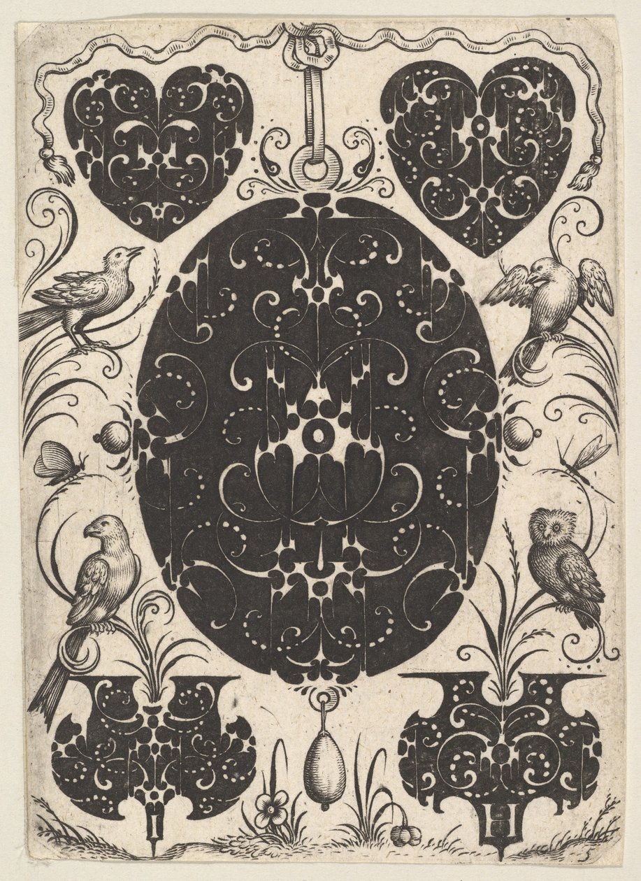 Pendentif ovale décoré de Schweifwerk, entouré de motifs plus petits et de quatre oiseaux, vers 1614-19 - Jacques Hurtu