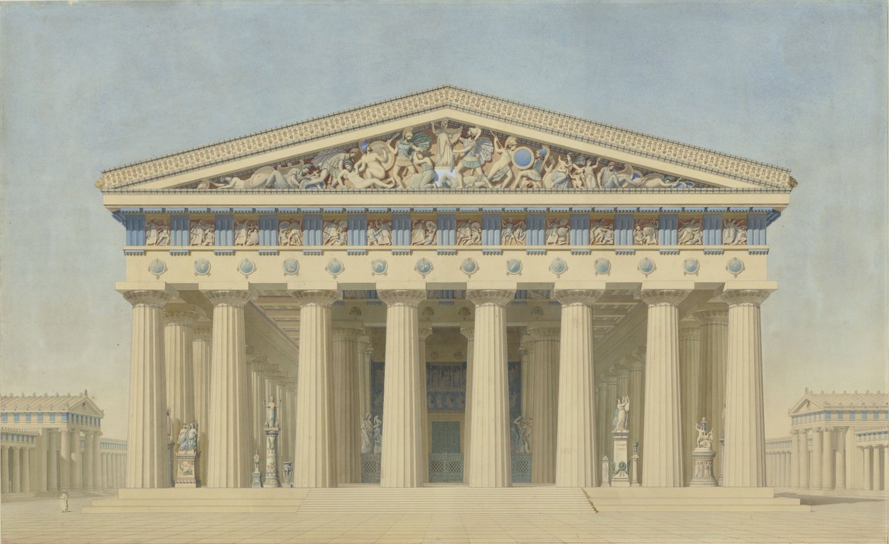 Temple T à Sélinonte (Sicile), élévation restituée de la façade principale - Jacques Ignace Hittorff