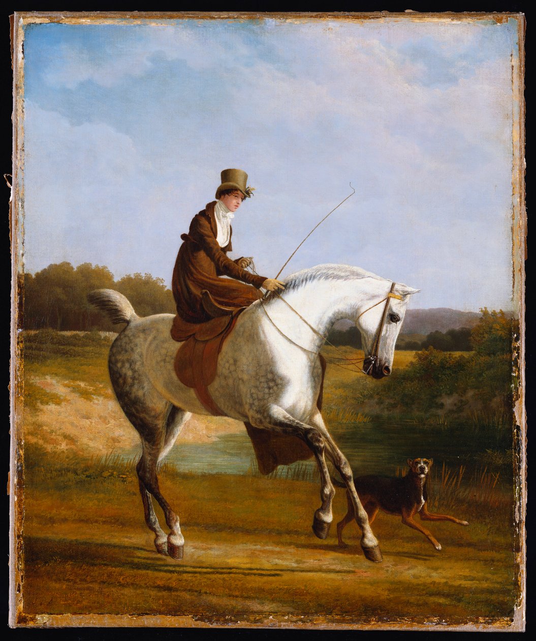 Mlle Cazenove sur un chasseur gris, un chien courant à côté - Jacques Laurent Agasse