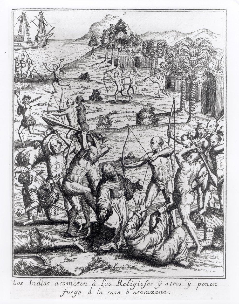 Les Indiens attaquent les prêtres et autres et incendient leurs maisons, gravure de 