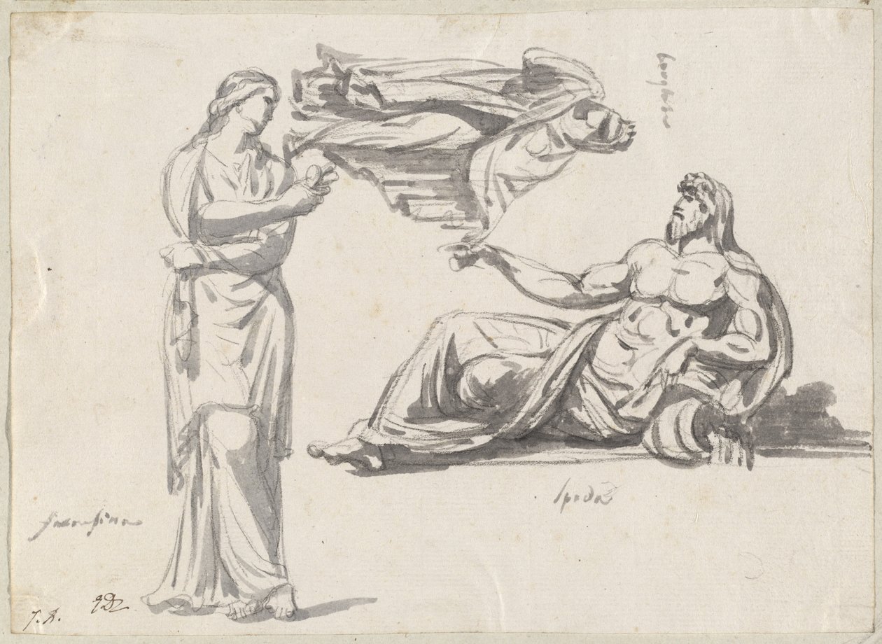 Un dieu de la rivière et deux sculptures classiques - Jacques Louis David