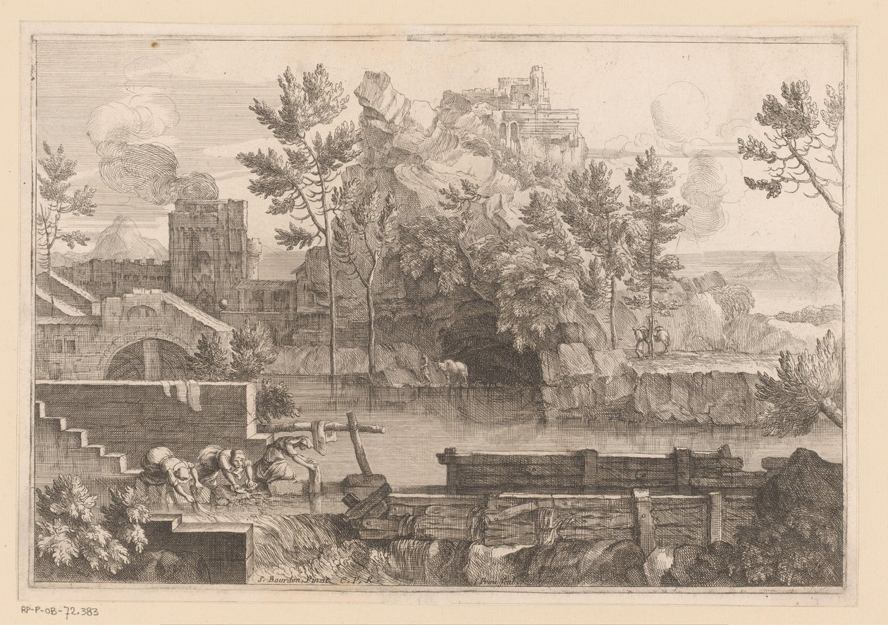 Paysage avec lac et trois femmes se lavant - Jacques Prou