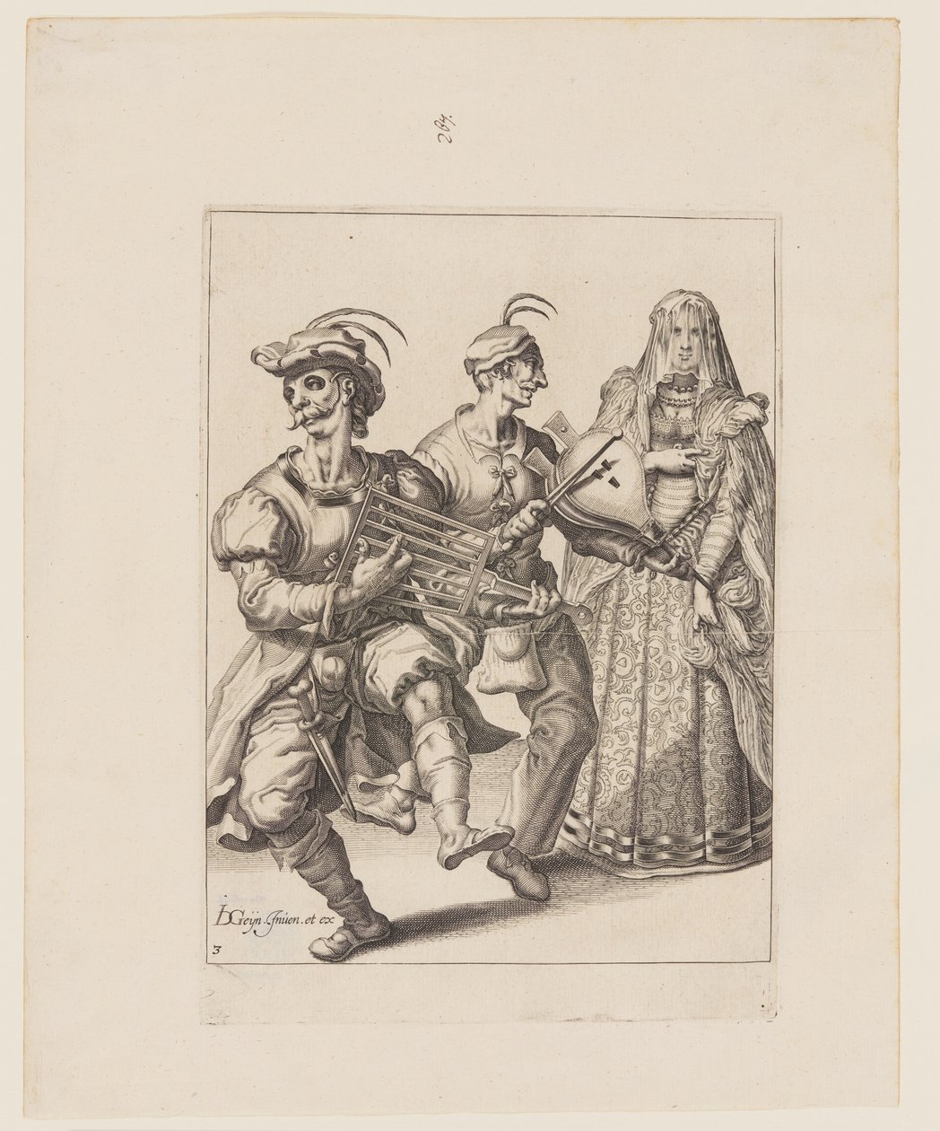 Femme voilée avec deux musiciens jouant d