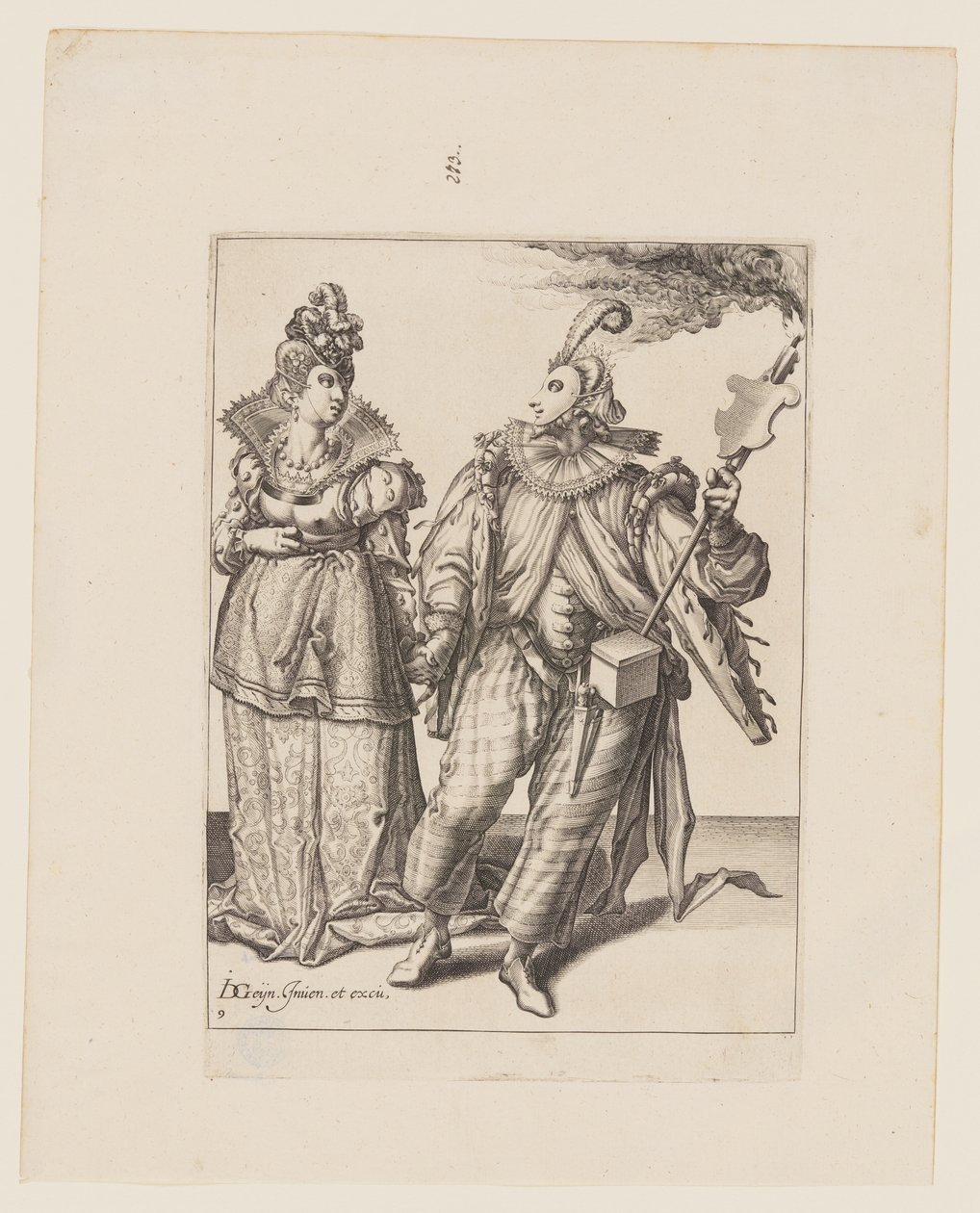 Une femme conduite par un joueur tenant une torche, tiré de Les Mascarades - Jacques de Gheyn II