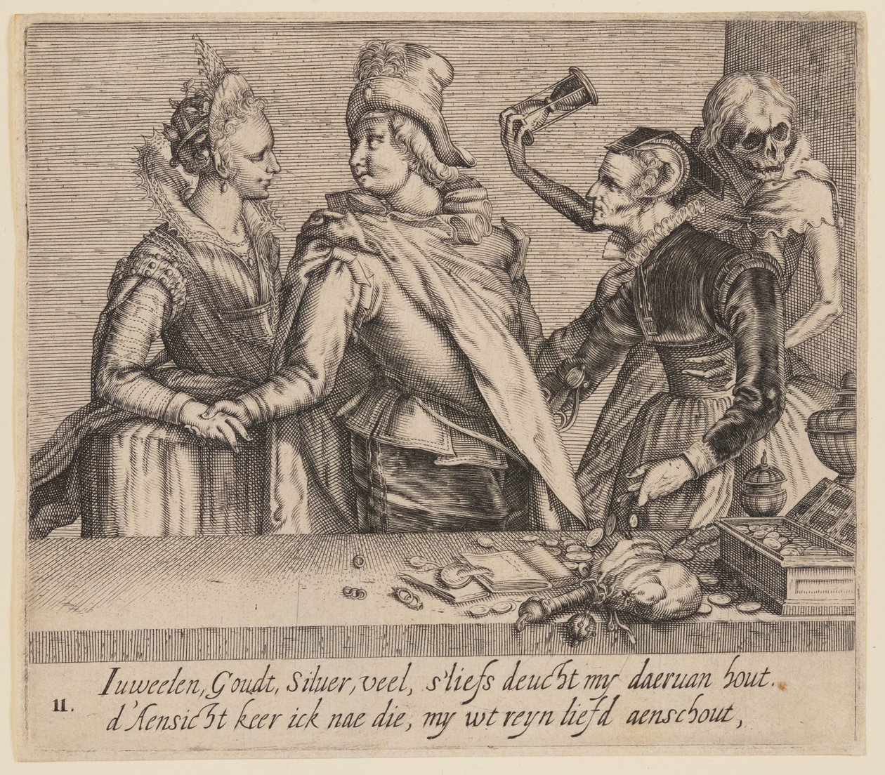 Un jeune homme entre une jeune femme et une vieille femme, extrait de Unequal Lovers (Amoureux inégaux) - Jacques de Gheyn II