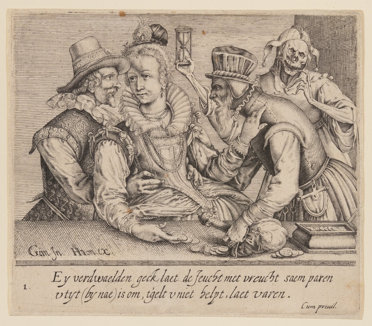 Une jeune femme entre un jeune homme et un vieil homme, extrait de Unequal Lovers (Amoureux inégaux) - Jacques de Gheyn II