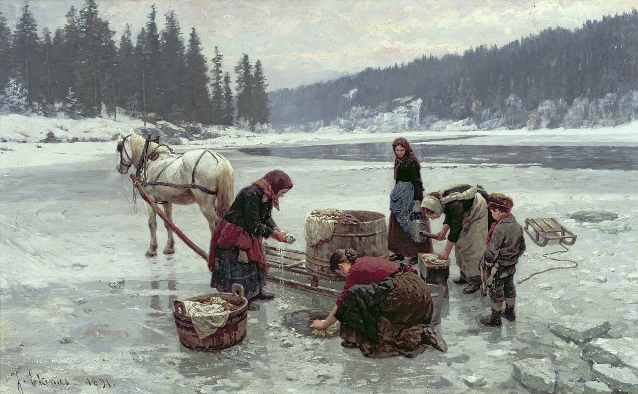 Femmes faisant la lessive à travers un trou dans la glace - Jahn Ekenaes