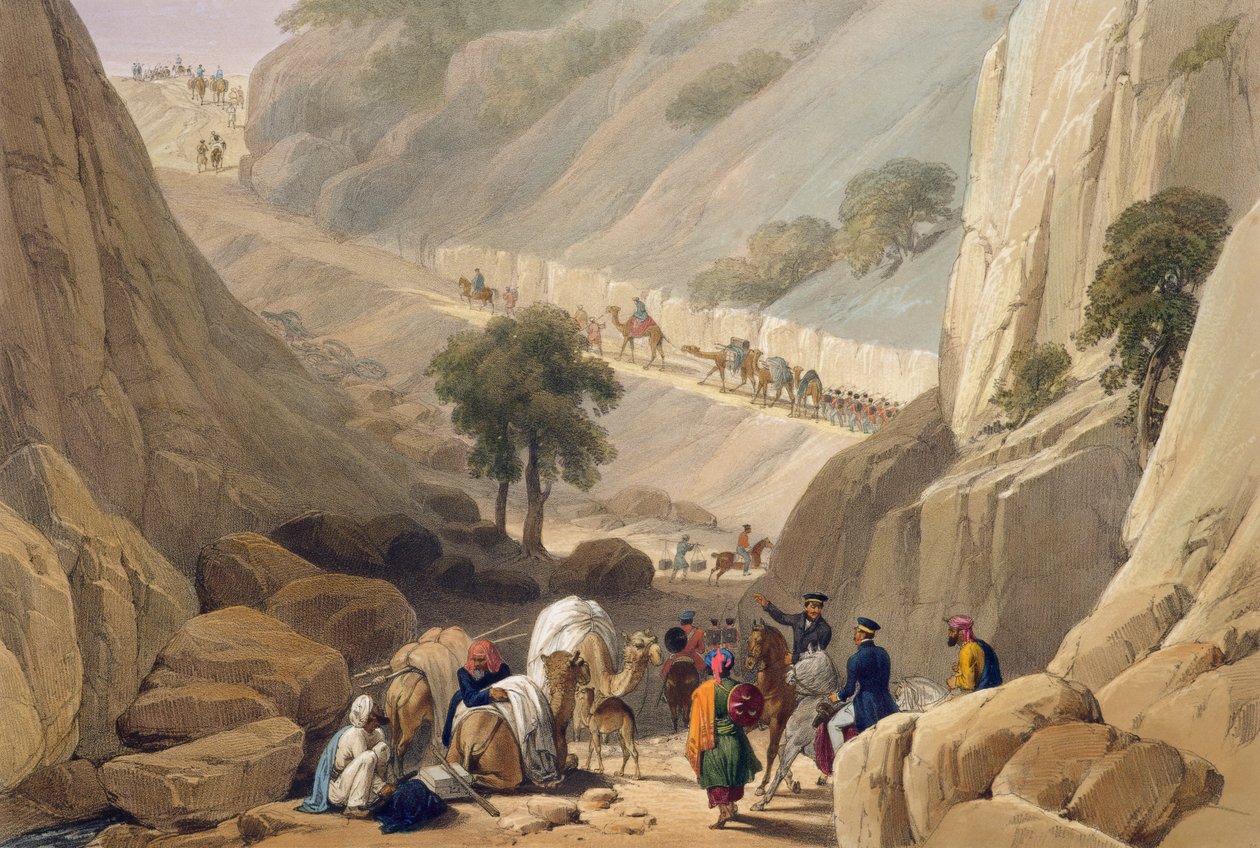 Les troupes sortant de la partie étroite du défilé dans le col de Koojah, de 