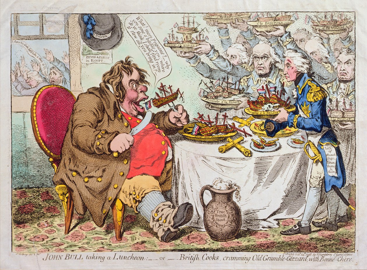 John Bull prenant un déjeuner, ou les cuisiniers britanniques, bourrant Old Grumble-Gizzard de Bonne-Chère, publié par Hannah Humphrey en 1798 - James Gillray