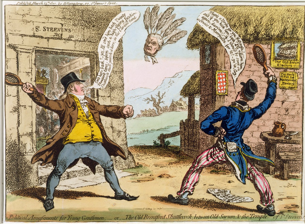 Amusements politiques pour jeunes gens, ou Le vieux volant de Brentford, entre Old Sarum et le Temple de St. Steevens, publié par Hannah Humphrey en 1801 - James Gillray