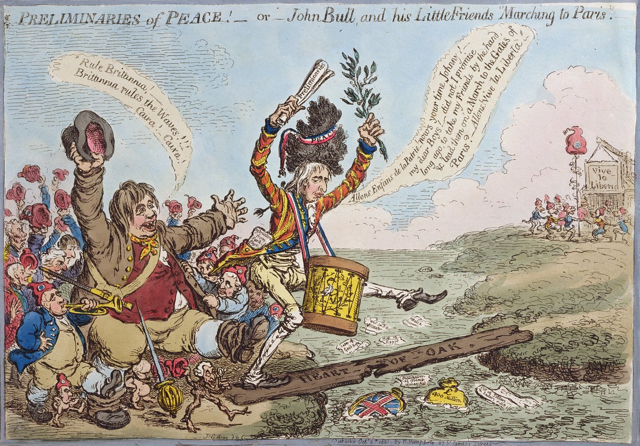 Préliminaires de la paix, ou John Bull et ses petits amis marchant vers Paris, publié par Hannah Humphrey en 1801 - James Gillray
