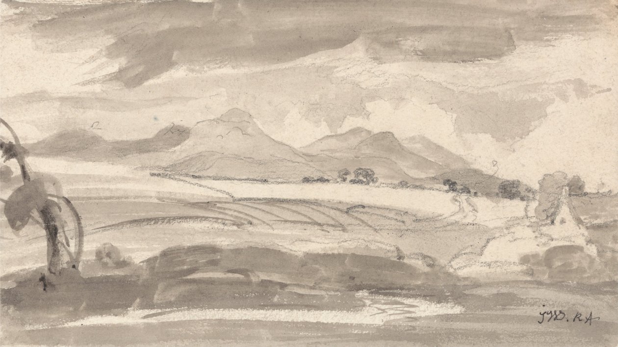 Vue sur des champs vers des montagnes lointaines, avec un cottage à droite - James Ward