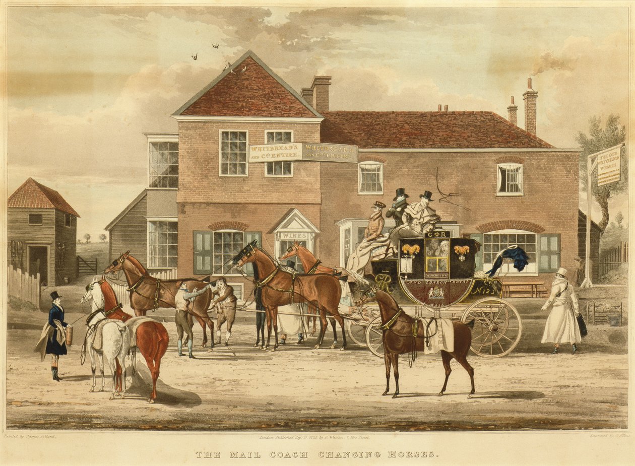 Le courrier changeant de chevaux, vers 1825 (gravure) - James (after) Pollard