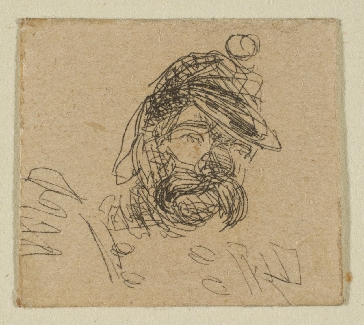 Homme barbu avec un bonnet de soldat, tiré des croquis sur la plaque de l
