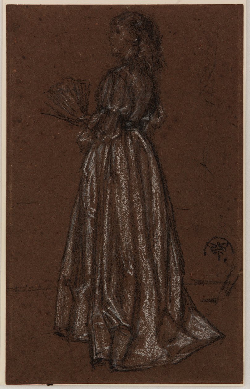 Personnage debout avec un éventail, vers 1873/1876 (craie noire et blanche sur papier brun) - James Abbott McNeill Whistler