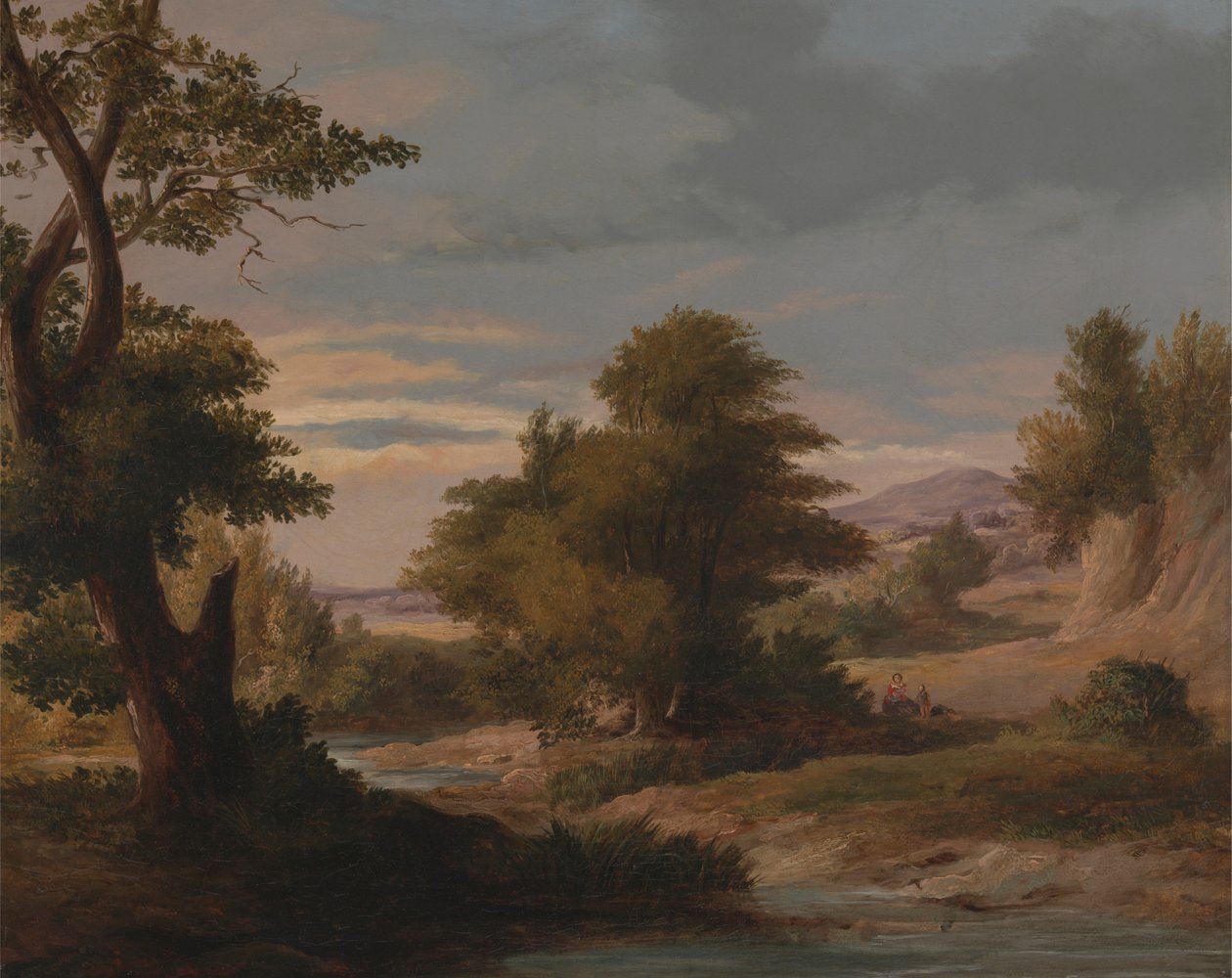 Paysage fluvial boisé avec mère et enfant - James Arthur O