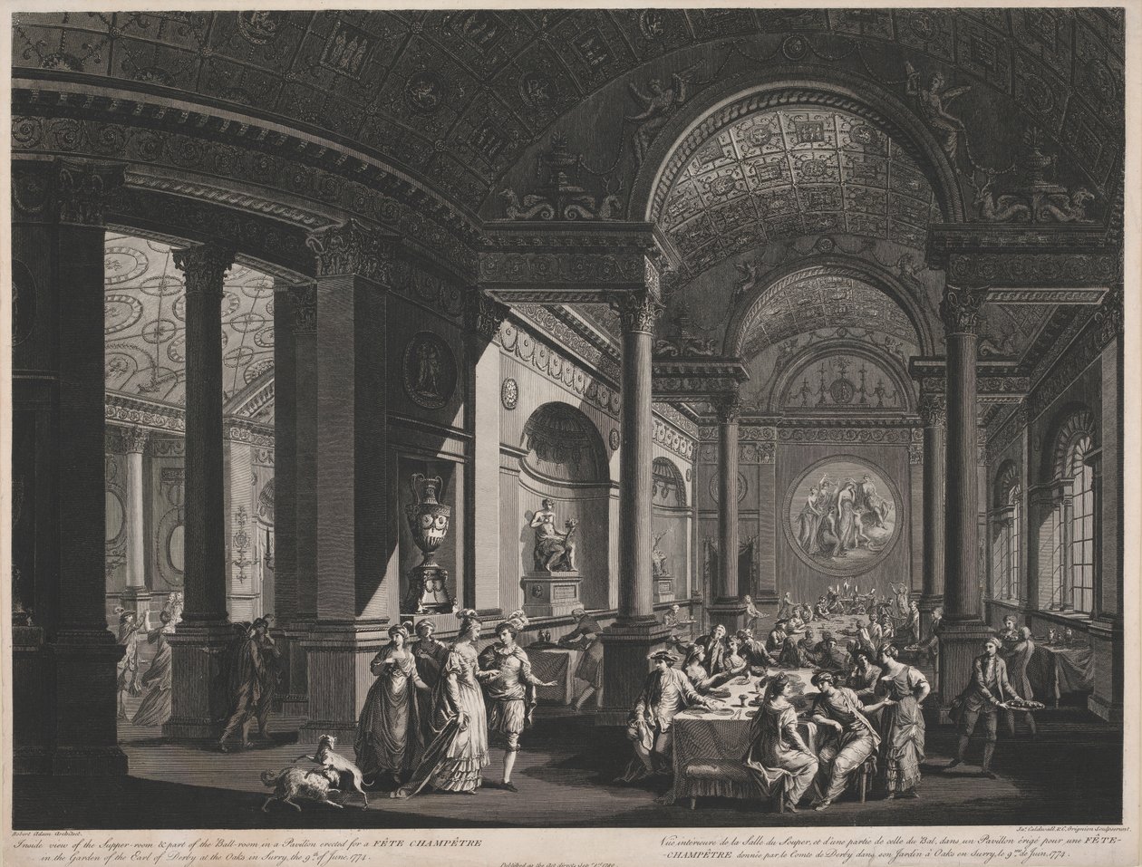 Vue intérieure de la salle à manger et partie de la salle de bal dans un pavillon érigé pour une fête champêtre dans le jardin du comte de Derby - James Caldwall