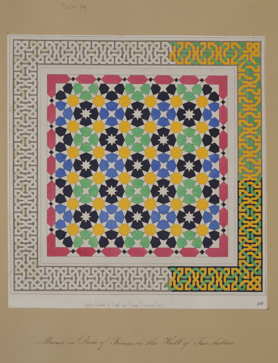 Mosaïque dans le soubassement de la niche dans le Hall des Deux Sœurs, Alhambra, tirée de 