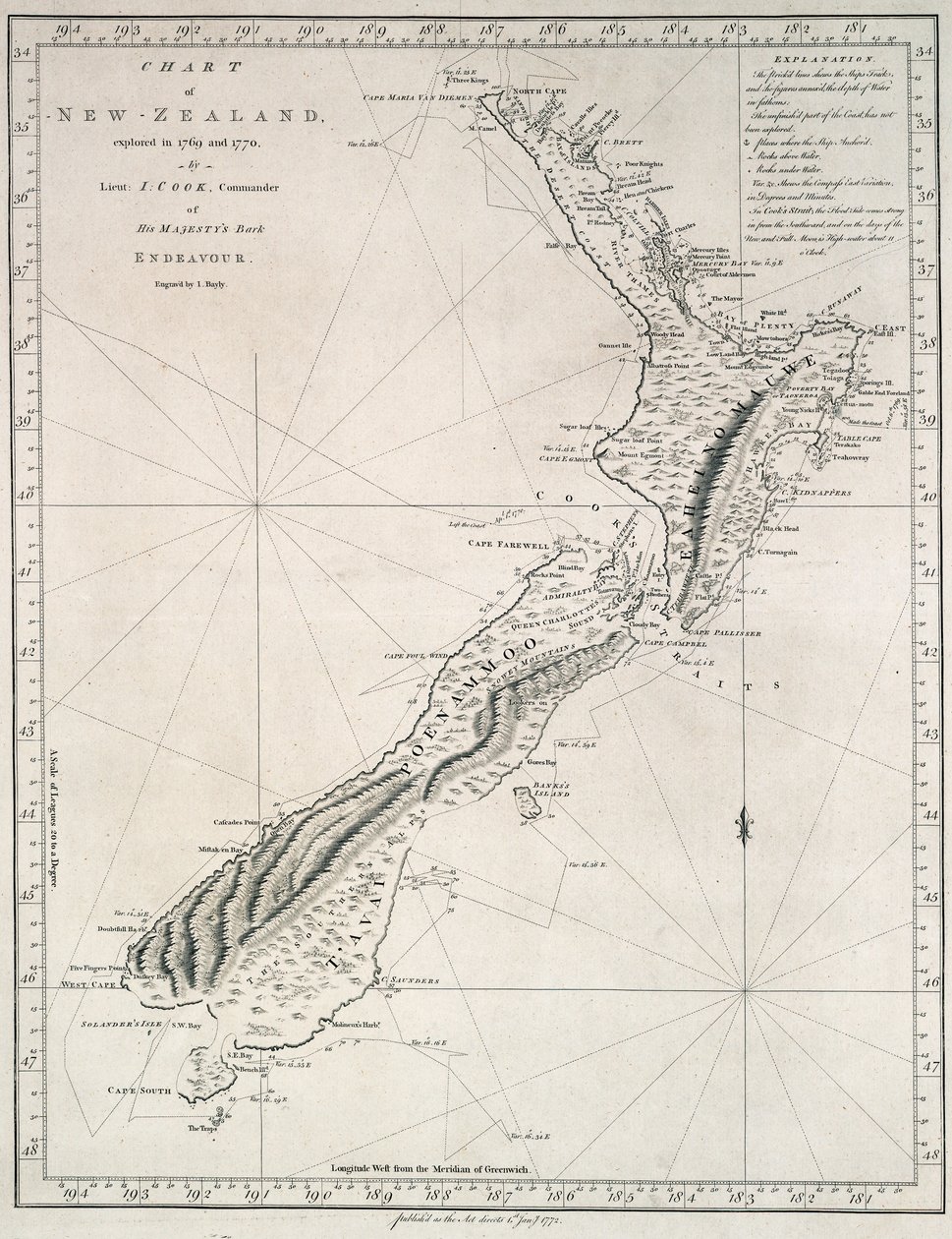 Carte de la Nouvelle-Zélande, explorée en 1769 et 1770 par le lieutenant J. Cook, commandant du Bark Endeavour de Sa Majesté - James Cook