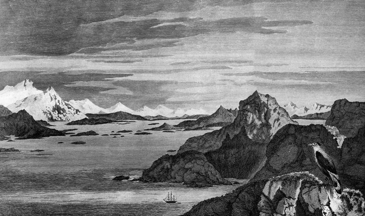 Vue de Christmas Sound, Terre de Feu, illustration du Voyage vers le Pôle Sud et autour du monde, par James Cook, édition publiée à Paris en 1778 - James Cook