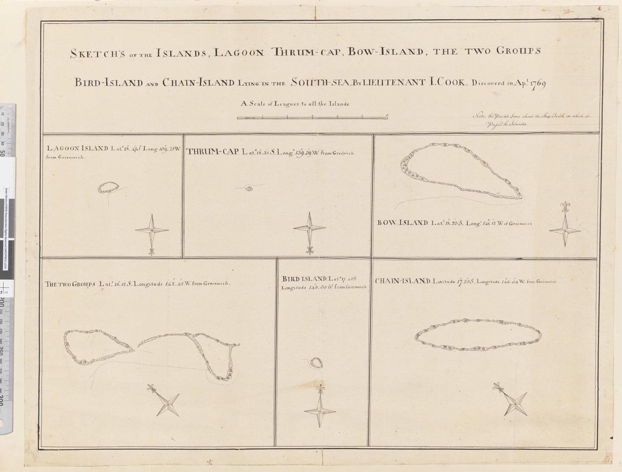 iii. Croquis des îles Lagoon, Thrum-Cap, Bow-Island, les Deux Groupes, Bird Island et Chain Island, situées dans le Sud, Mer... découvertes en avril 1769 - James Cook