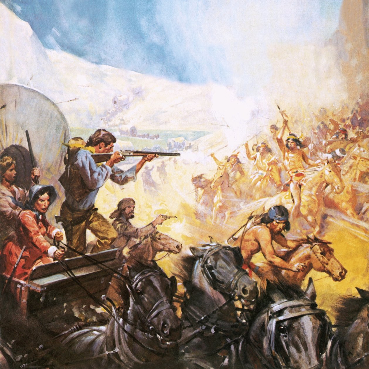 Pionniers américains tirant sur des Indiens rouges - James Edwin McConnell