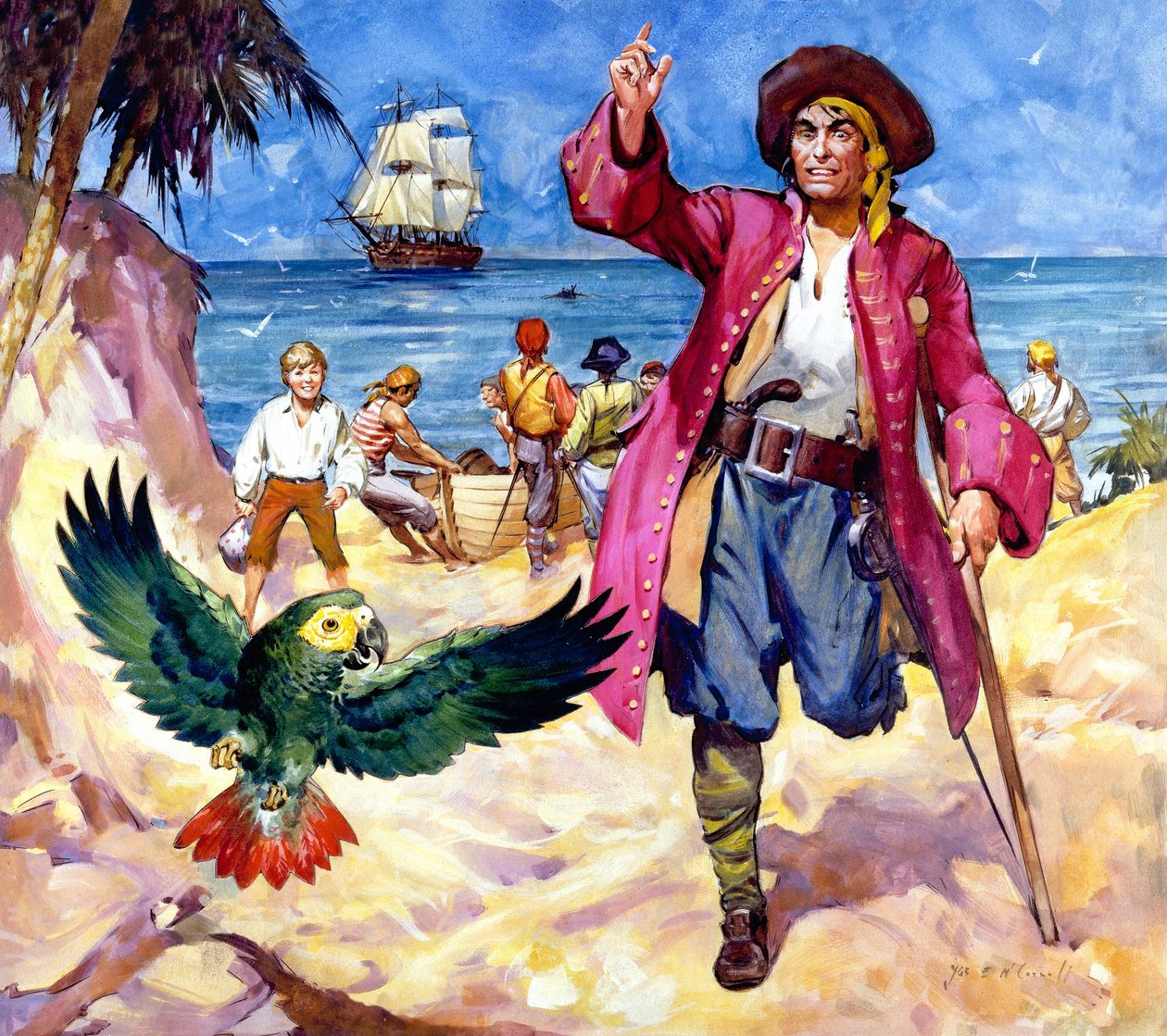 Long John Silver et son perroquet (gouache sur papier) - James Edwin McConnell