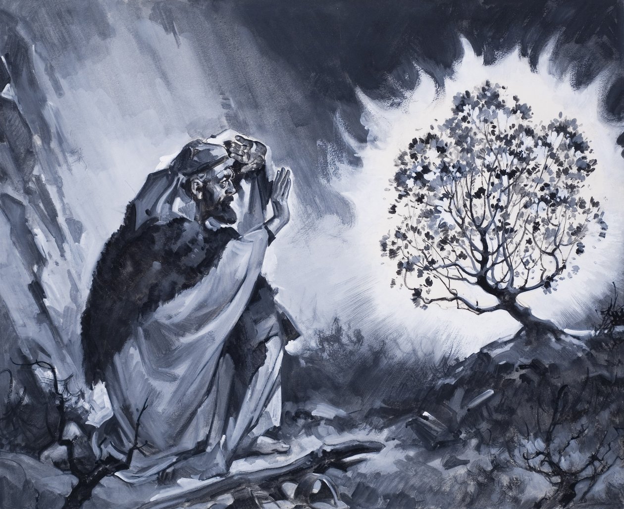 Moïse et le buisson ardent (gouache sur papier) - James Edwin McConnell