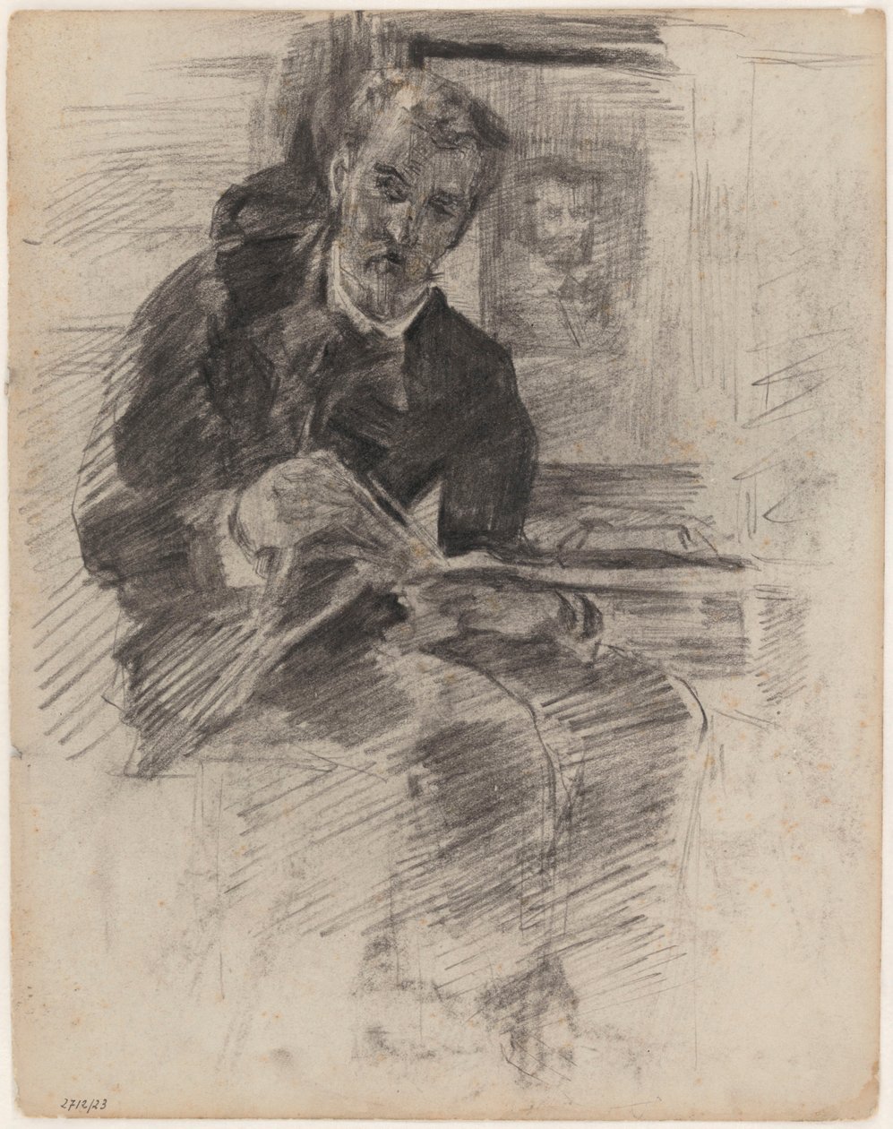 Homme lisant (en fait : Willy Finch assis à une table, palette et pinceaux à la main) - James Ensor