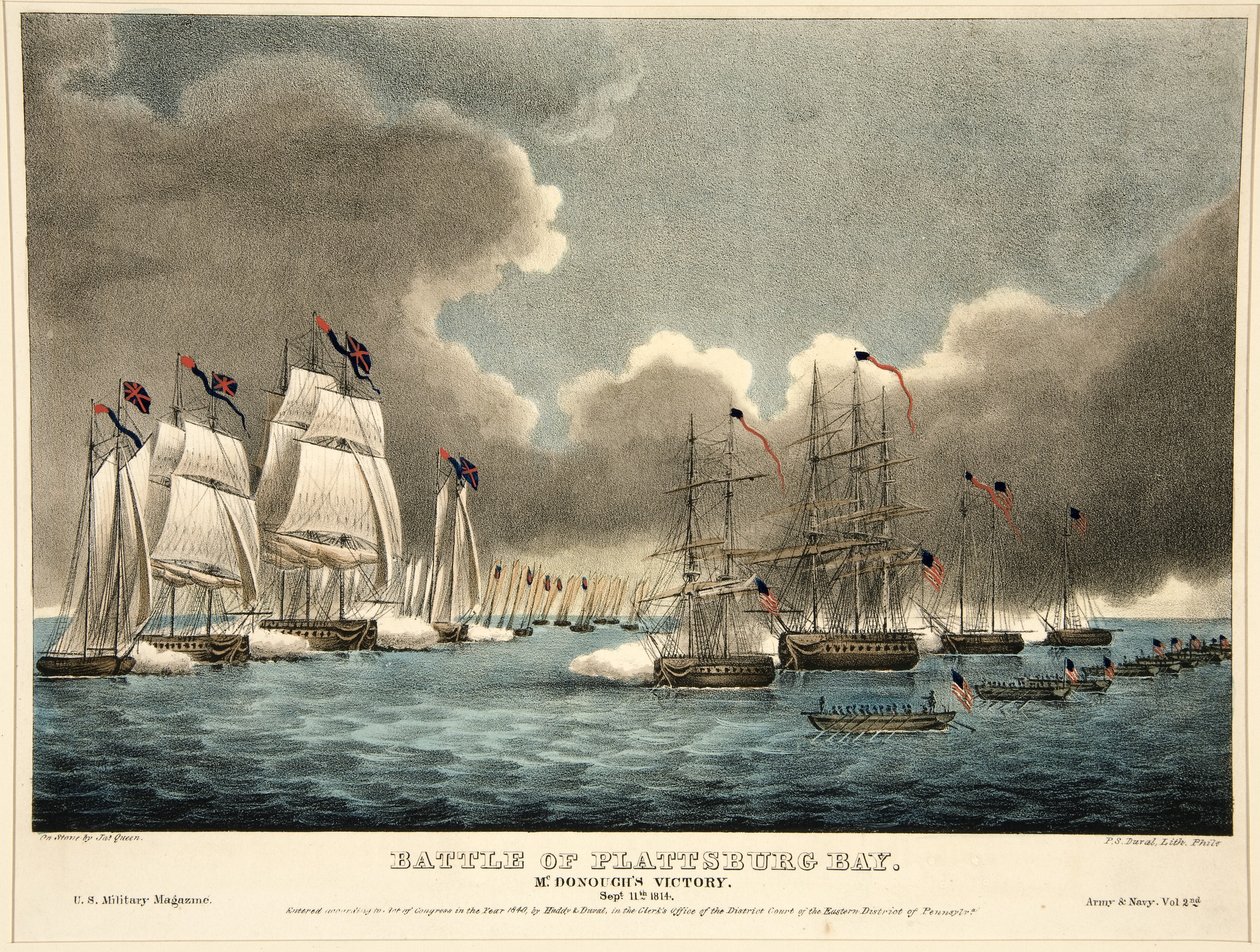 Bataille de la baie de Plattsburg : Victoire de McDonough, pub. 1840 (gravure en couleur) - James Fuller Queen