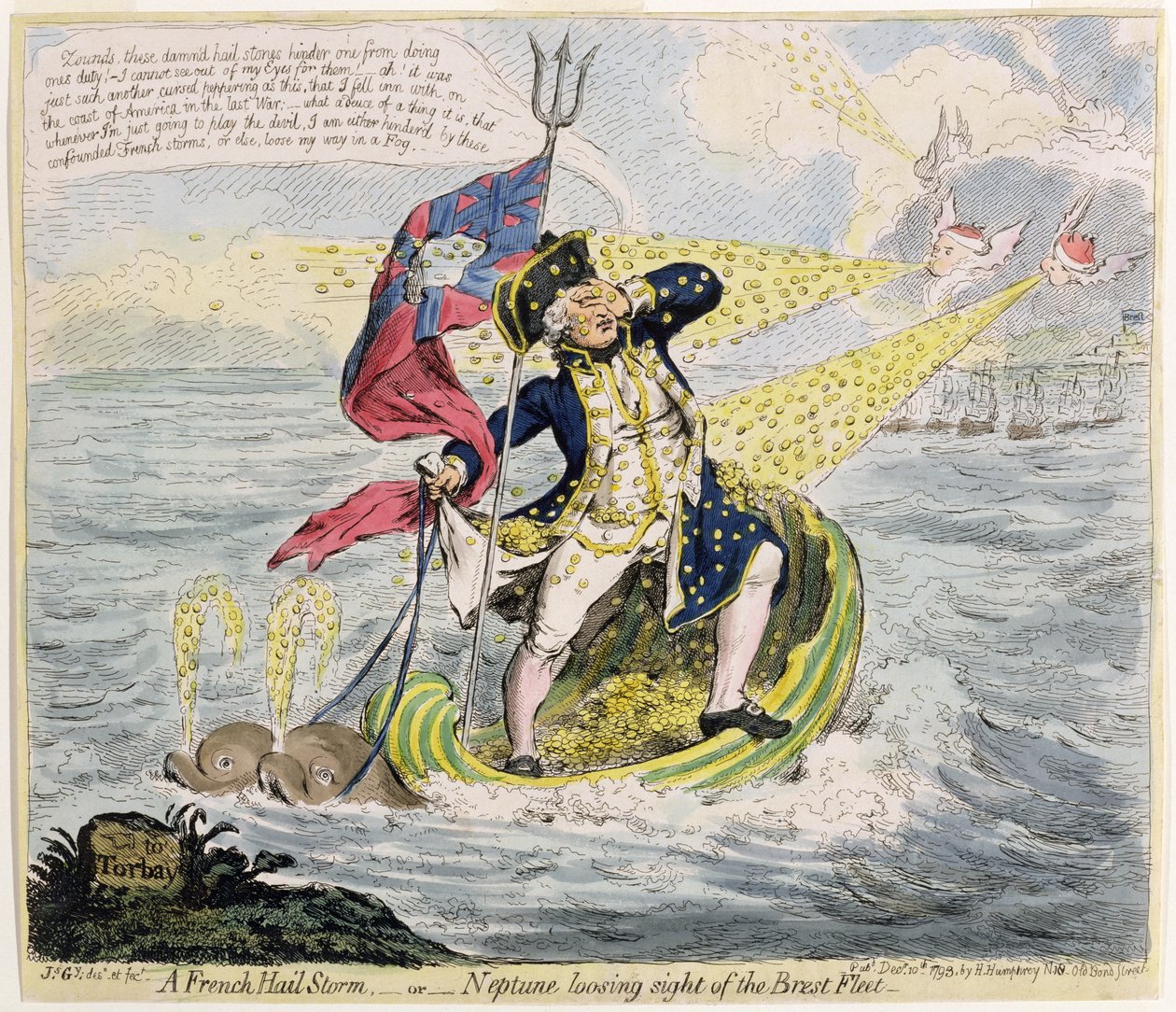 Une tempête de grêle française, ou Neptune perdant de vue la flotte de Brest, publiée par Hannah Humphrey en 1793 - James Gillray