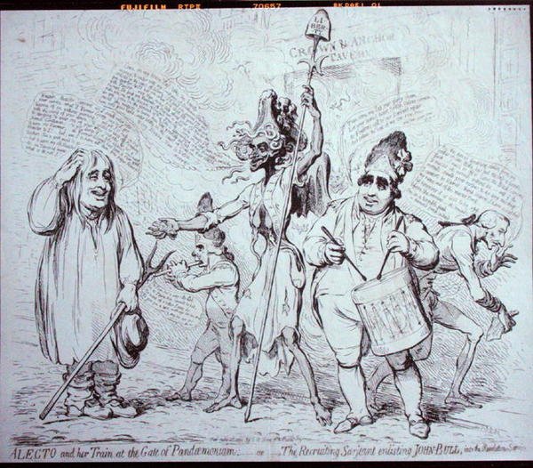Alecto et son train à la porte du Pandémonium, ou Le sergent recruteur enrôlant John Bull dans le service de la Révolution, publié par S.W. Fores en 1791 - James Gillray