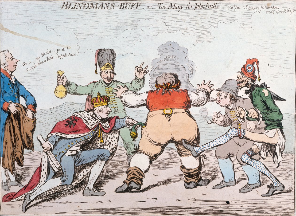 Colin-maillard, ou Trop de monde pour John Bull, publié par Hannah Humphrey en 1795 - James Gillray