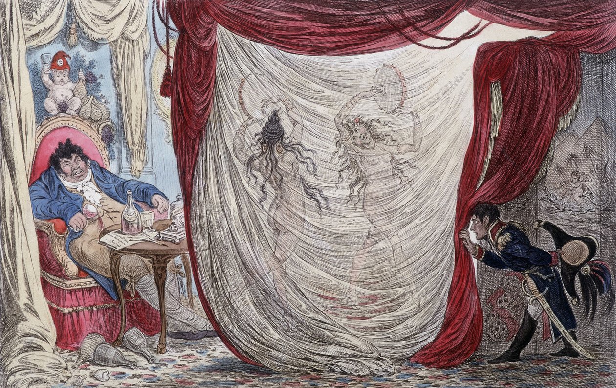 Caricature sur Napoléon, Paul Barras, Joséphine et Mademoiselle de Fontenay, dite aussi Teresa (Theresa ou Terezia) Cabarrus, dite Madame Tallien (Talien) ou ces dames dansent nues pour Barras, sous l