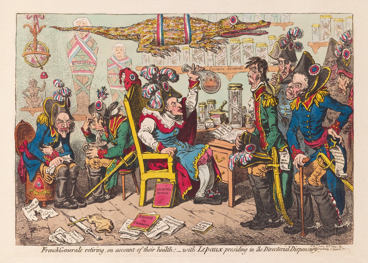 Généraux français se retirant pour des raisons de santé : - avec Lepaux présidant au dispensaire directeur, 1799 - James Gillray