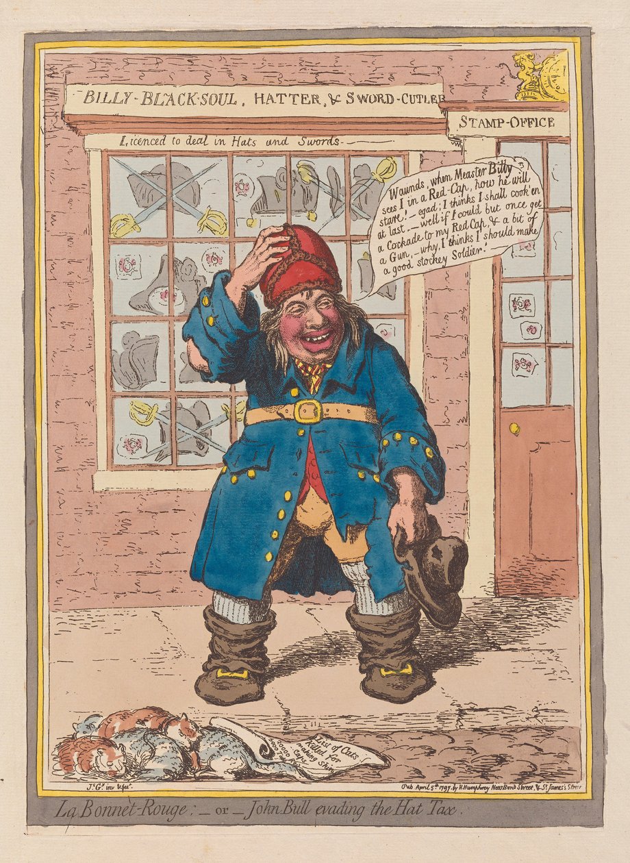 La Bonnet Rouge ou John Bull évitant la taxe sur les chapeaux, pub. 1797 - James Gillray