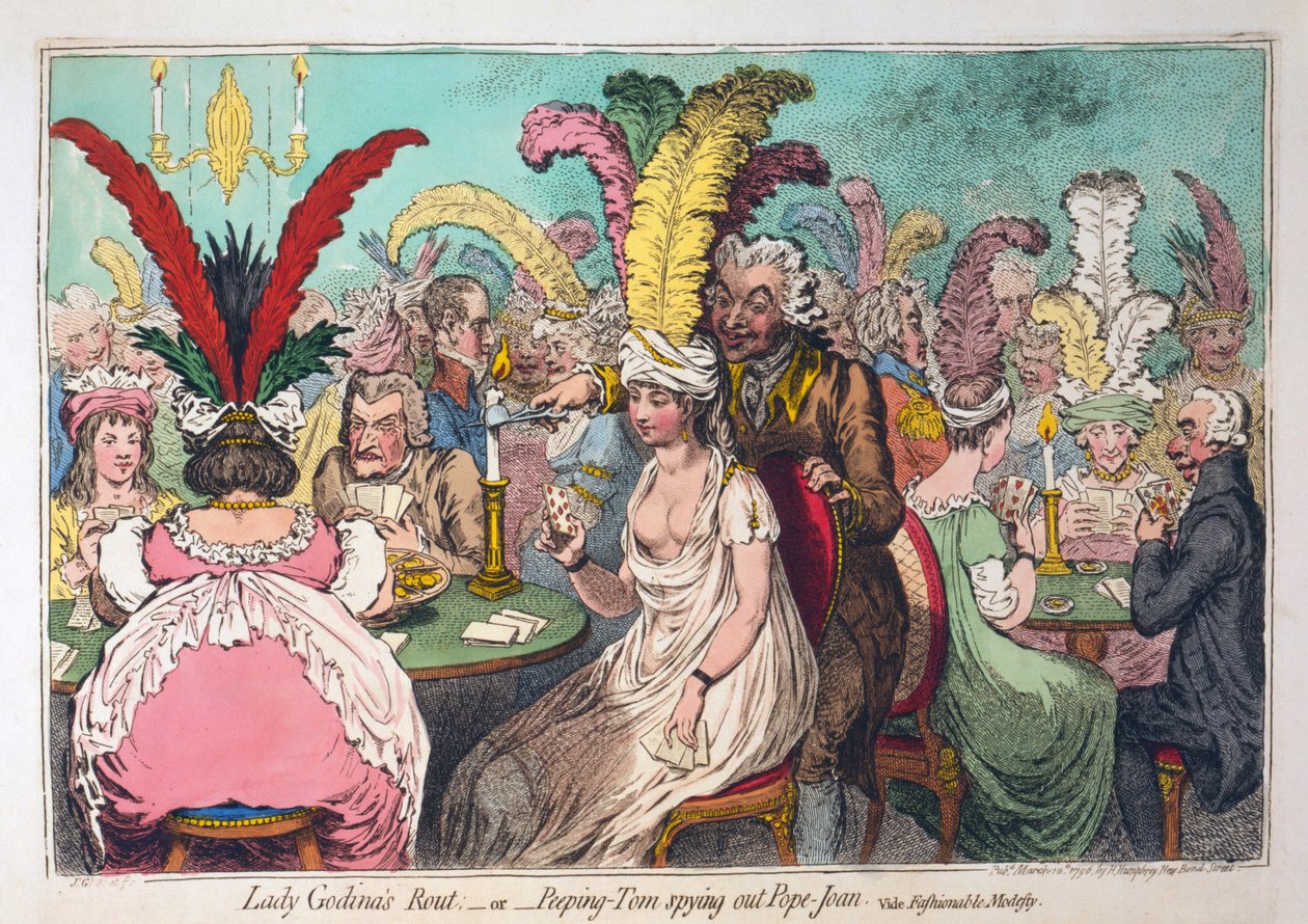 La déroute de Lady Godina ou le voyeur espionnant le pape Jeanne, pub. 1796 (gravure coloriée à la main) - James Gillray